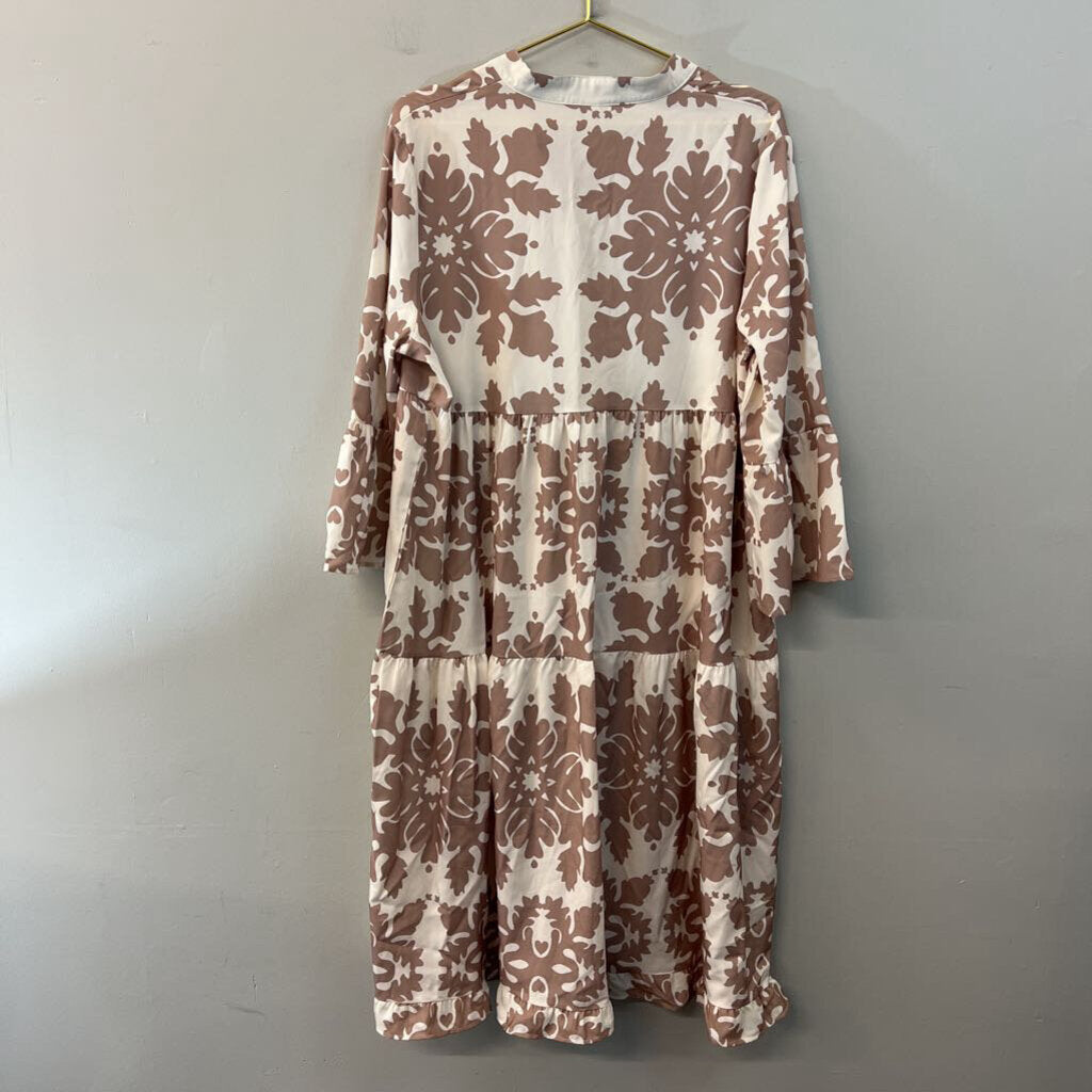 Cream/ Brown Print Silky Long Sleeve Button Down Dress Extra Large