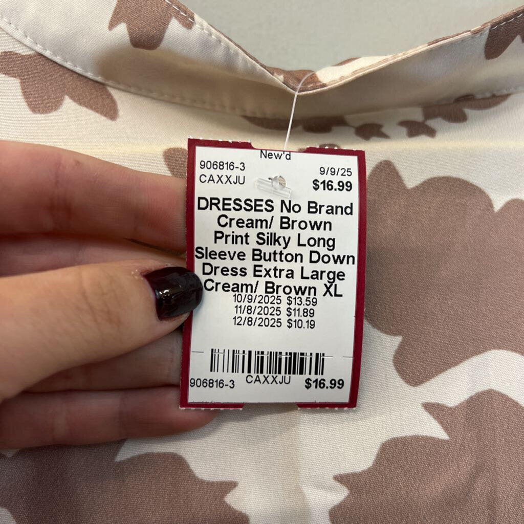 Cream/ Brown Print Silky Long Sleeve Button Down Dress Extra Large