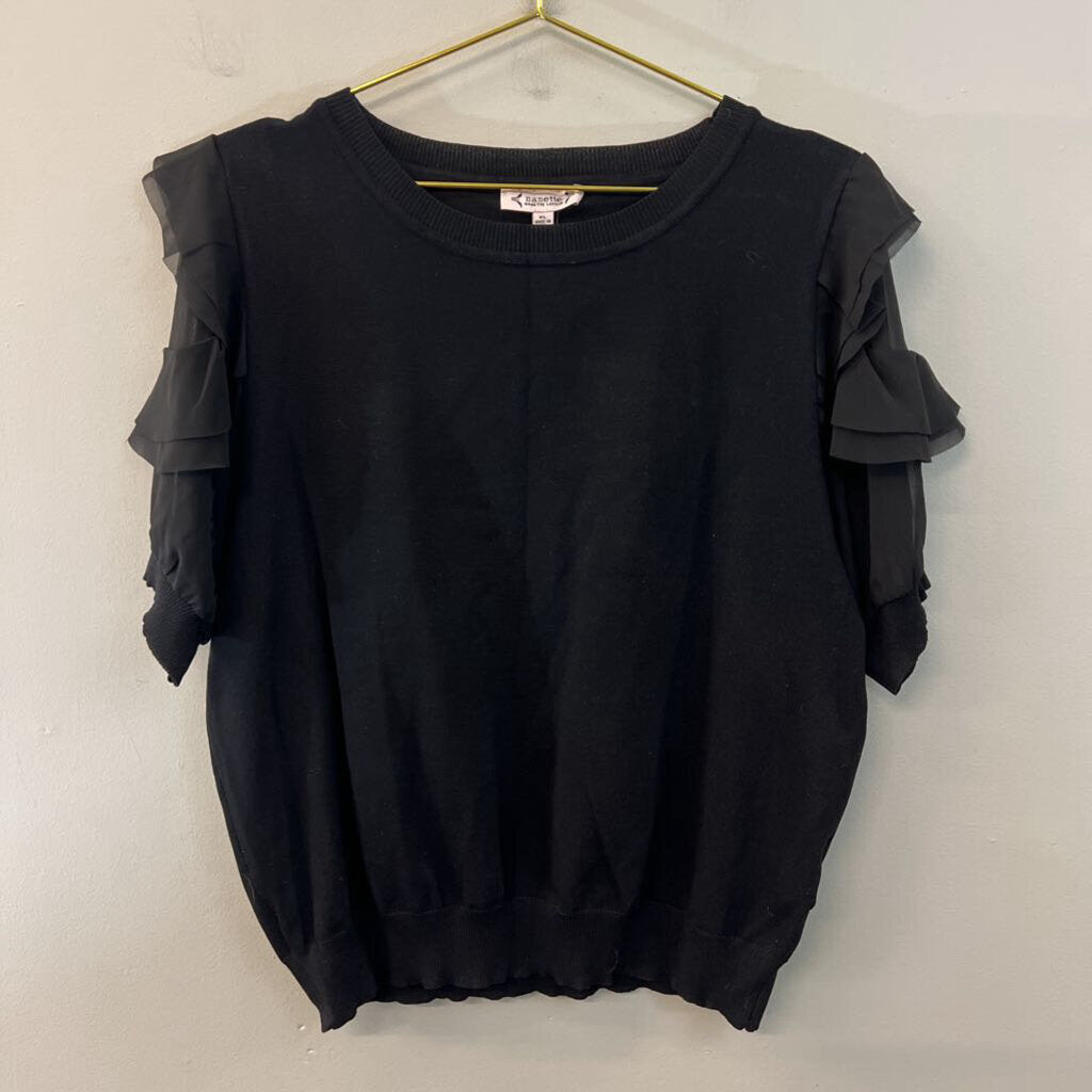 Nanette Lepore Black Short Ruffle Sleeve Knit Top Extra Large