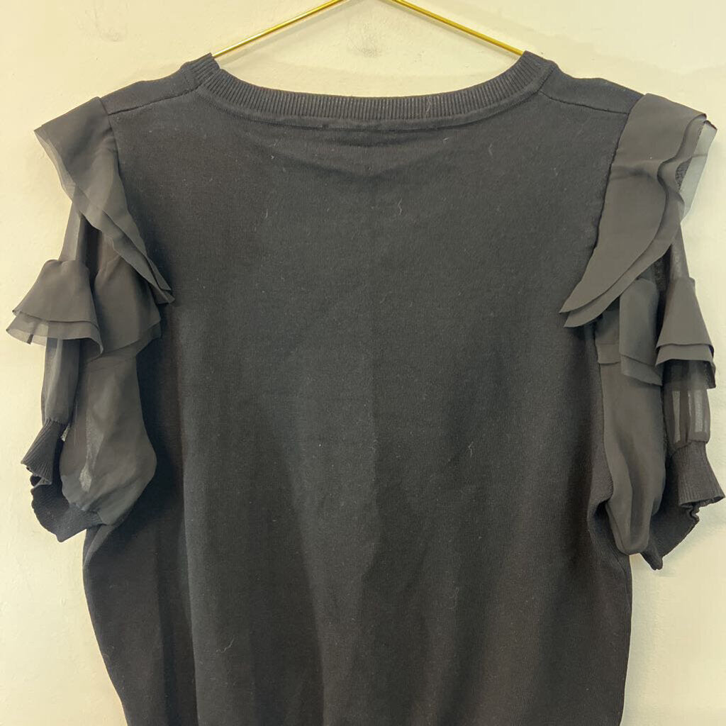 Nanette Lepore Black Short Ruffle Sleeve Knit Top Extra Large