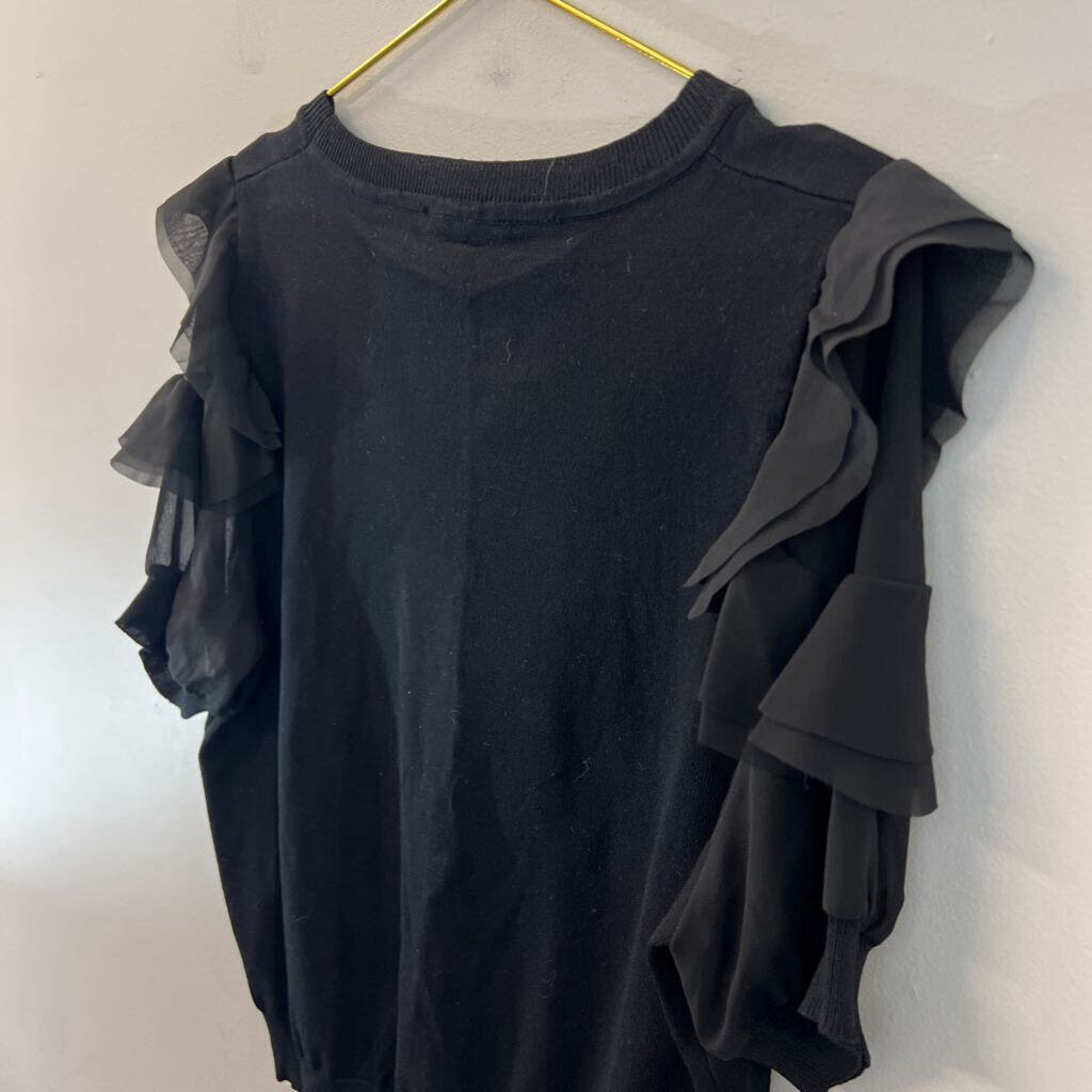 Nanette Lepore Black Short Ruffle Sleeve Knit Top Extra Large