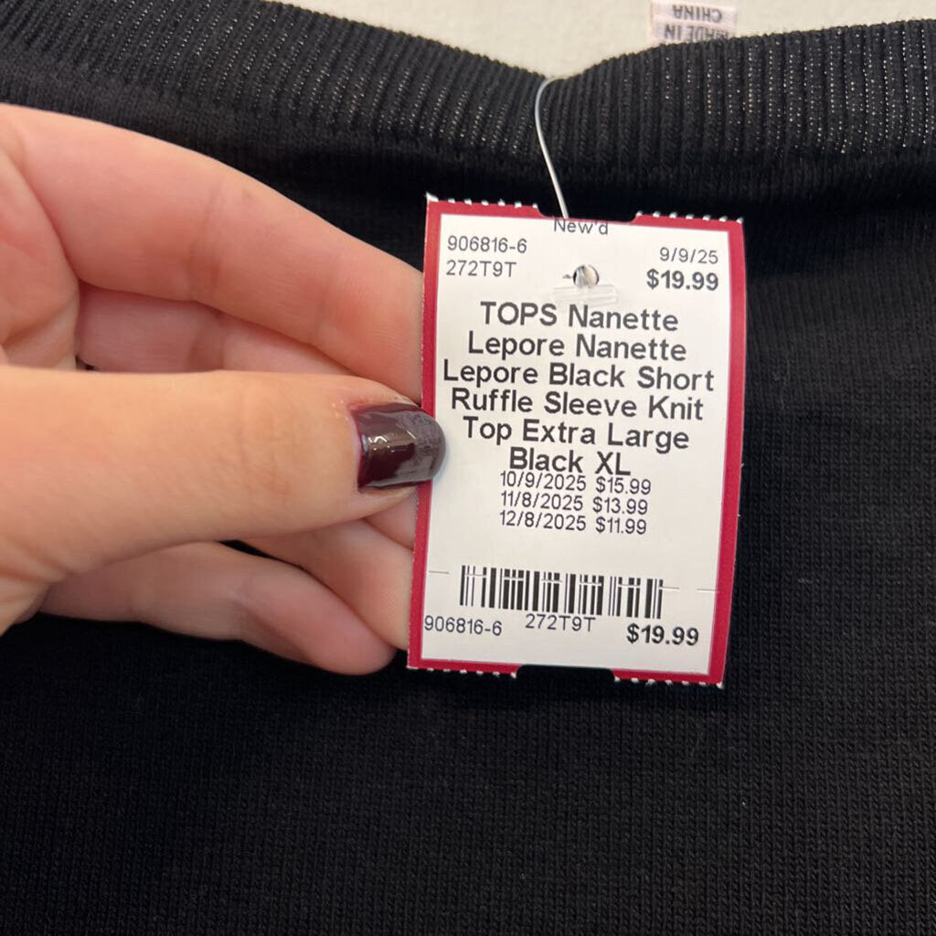 Nanette Lepore Black Short Ruffle Sleeve Knit Top Extra Large