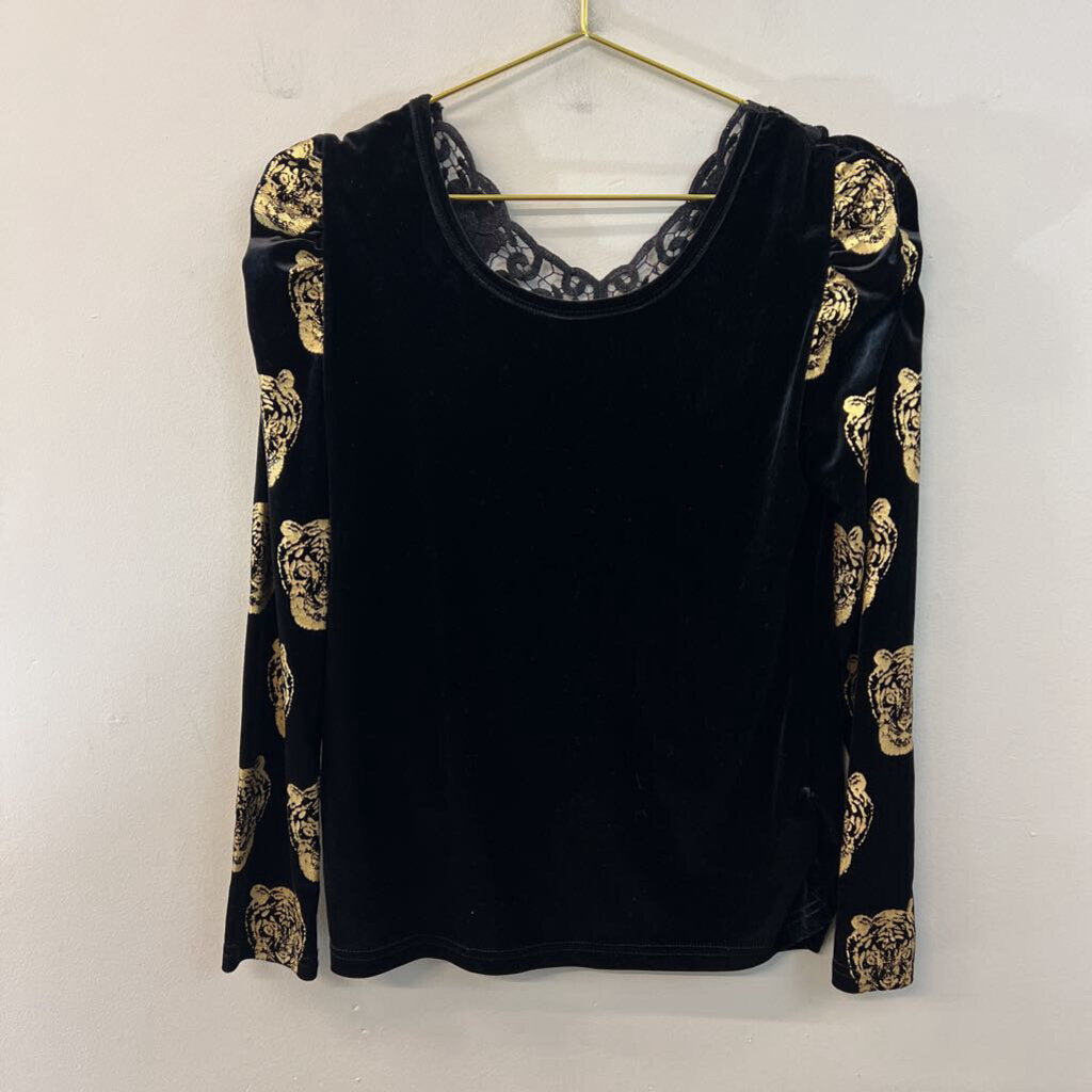 Catch Color Black Velvet Gold Tiger Print Long Sleeve Top Extra Large