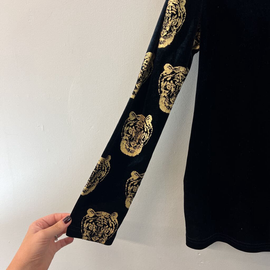 Catch Color Black Velvet Gold Tiger Print Long Sleeve Top Extra Large