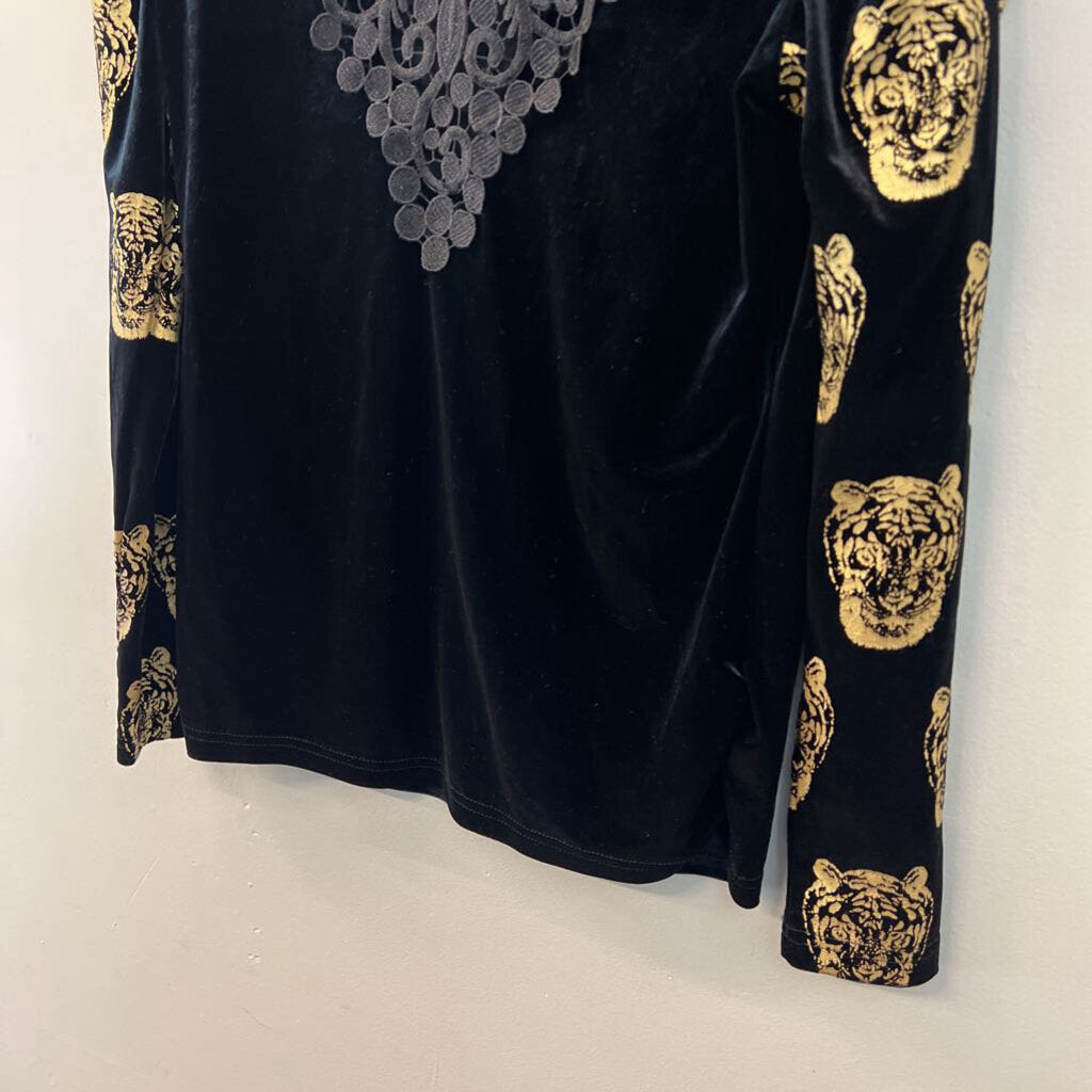Catch Color Black Velvet Gold Tiger Print Long Sleeve Top Extra Large