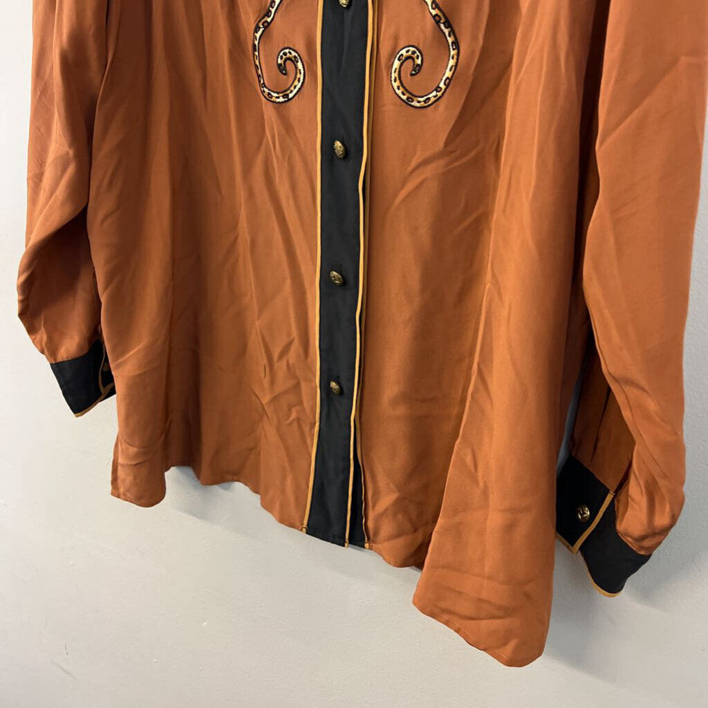Vintage Bob Mackie Silky Brown Embroidered Animal Long Sleeve Button Down Top 1X