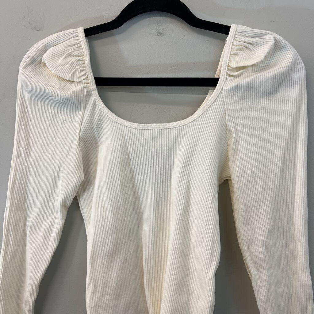 Carly Jean Cream Ribbed Puff Shoulder Long Sleeve Top Medium