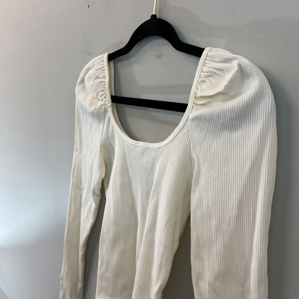 Carly Jean Cream Ribbed Puff Shoulder Long Sleeve Top Medium