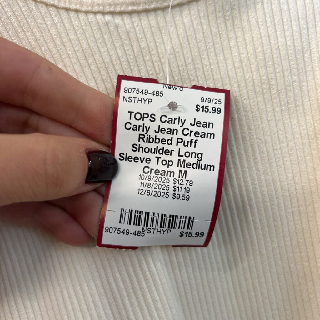 Carly Jean Cream Ribbed Puff Shoulder Long Sleeve Top Medium