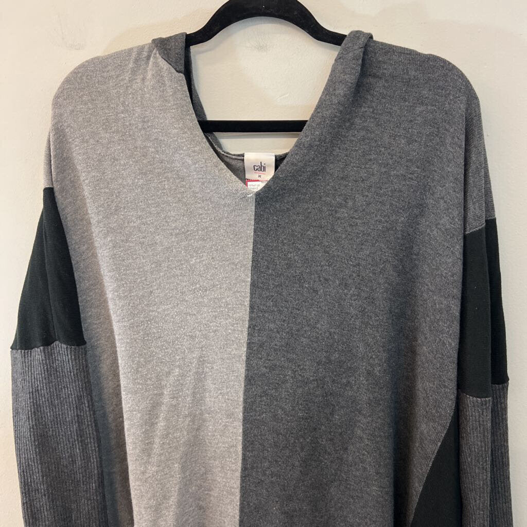 Cabi Grey/ Black Color Block Knit Hooded Top Medium