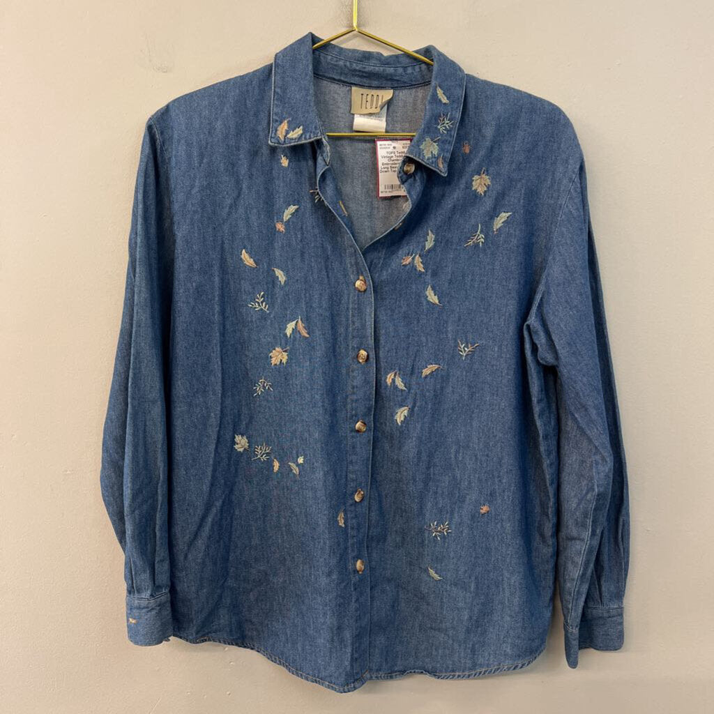 Vintage Teddi Blue Chambray Embroidered Leaf Long Sleeve Button Down Top Small
