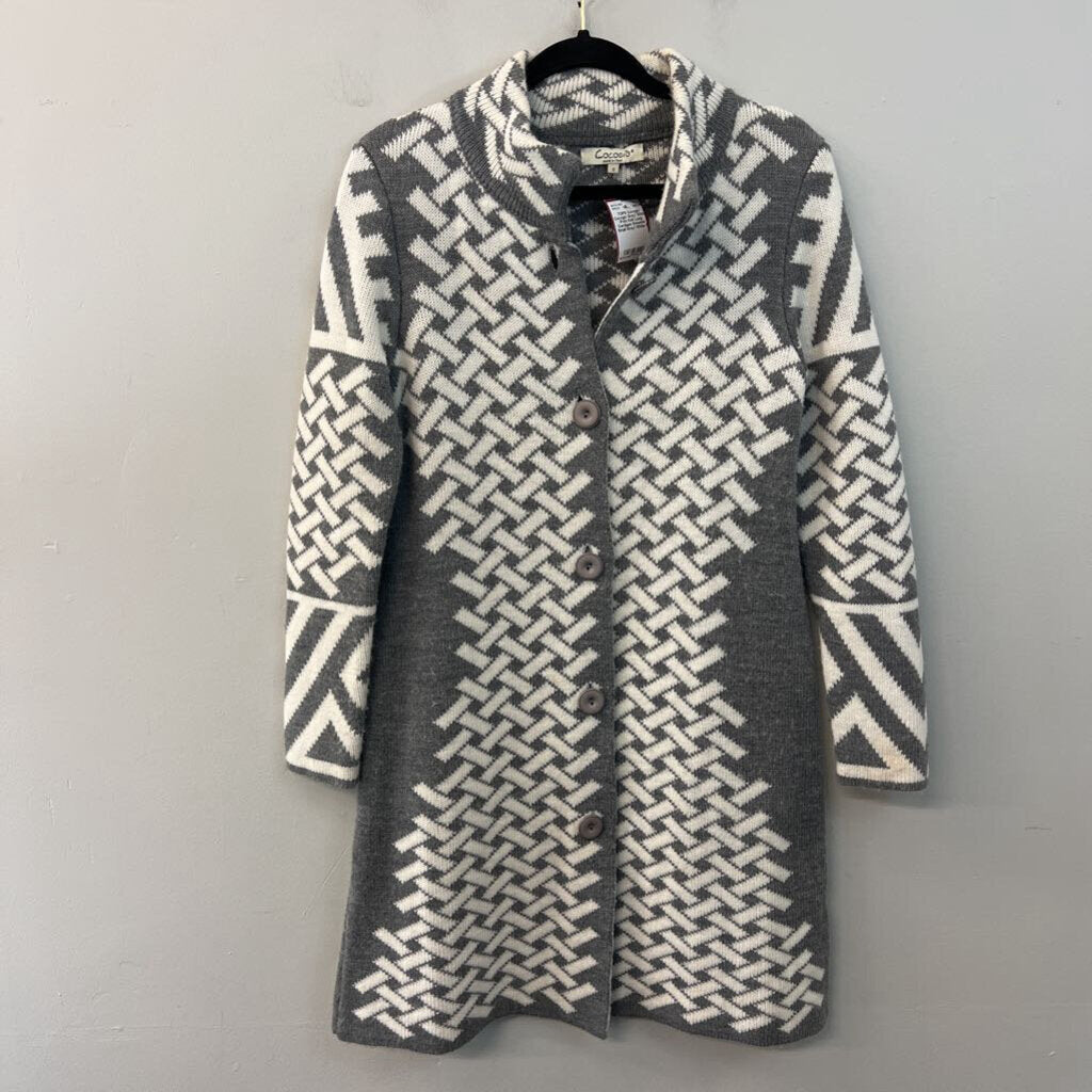 Cocogio Grey/ White Print Knit Long Cardigan Sweater Small