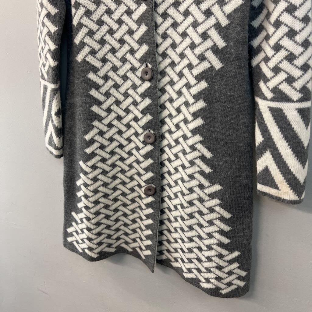 Cocogio Grey/ White Print Knit Long Cardigan Sweater Small