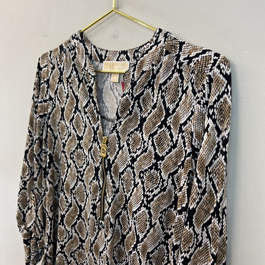 Michael Kors Black/ Brown Snakeskin Print Long Sleeve Top Small