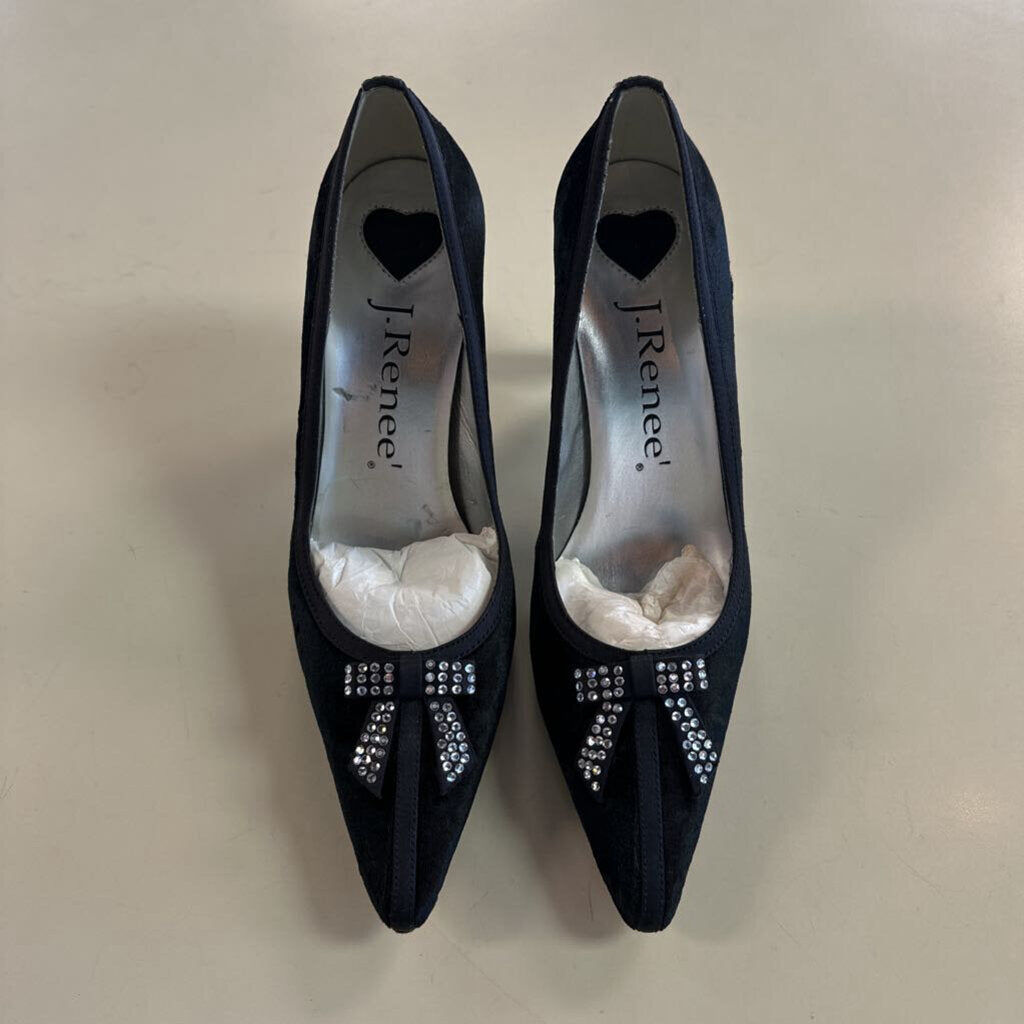 J Renee Black Velvet Rhinestone Bow Point Toe Pump Heels 6