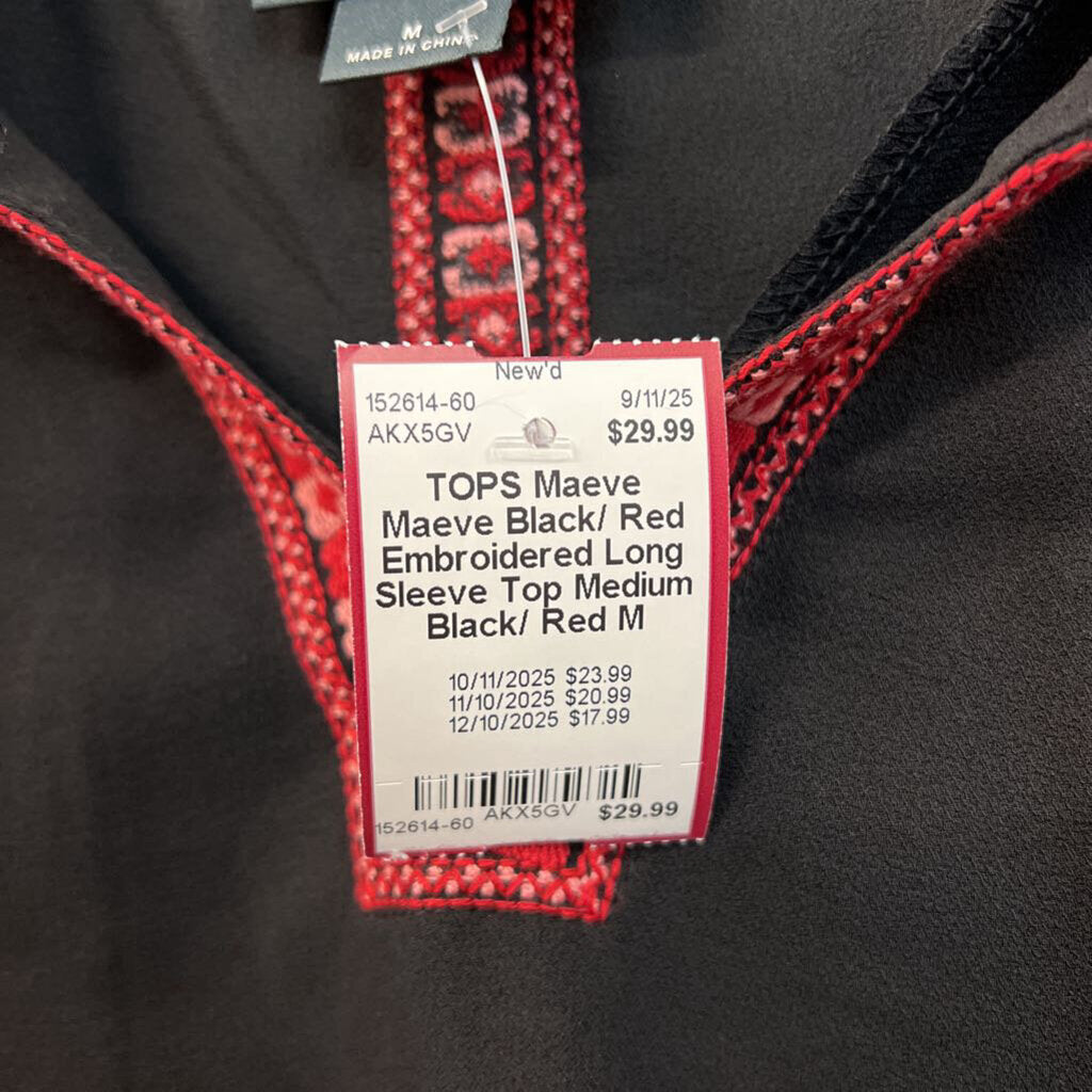 Maeve Black/ Red Embroidered Long Sleeve Top Medium