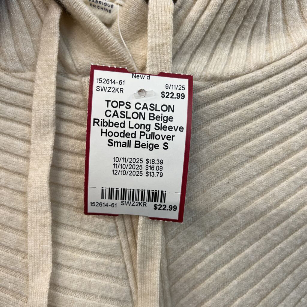 CASLON Beige Ribbed Long Sleeve Hooded Pullover Small