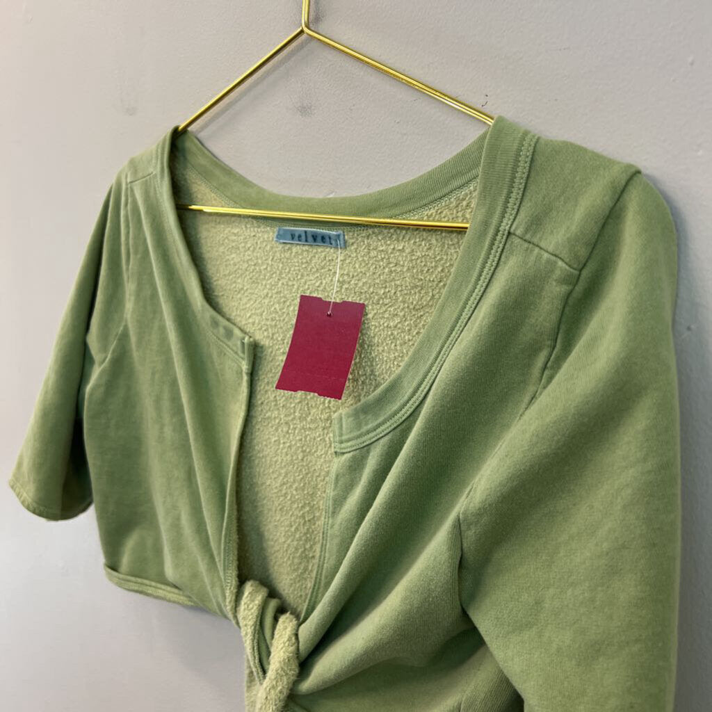 Velvet Green Cropped Open Front Short Sleeve Sweatshirt Top Large