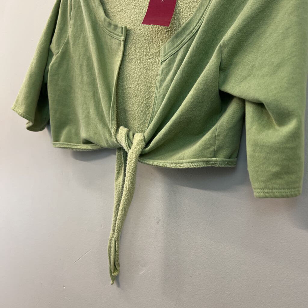 Velvet Green Cropped Open Front Short Sleeve Sweatshirt Top Large