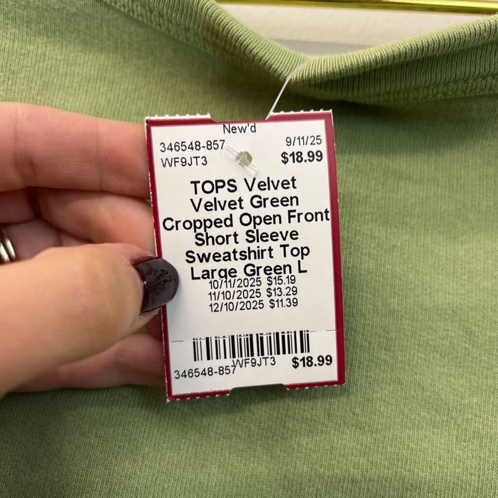 Velvet Green Cropped Open Front Short Sleeve Sweatshirt Top Large