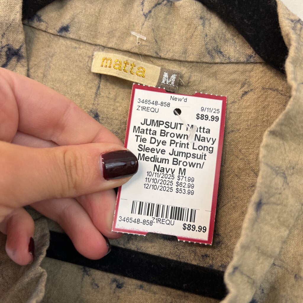 Matta Brown/ Navy Tie Dye Print Long Sleeve Jumpsuit Medium