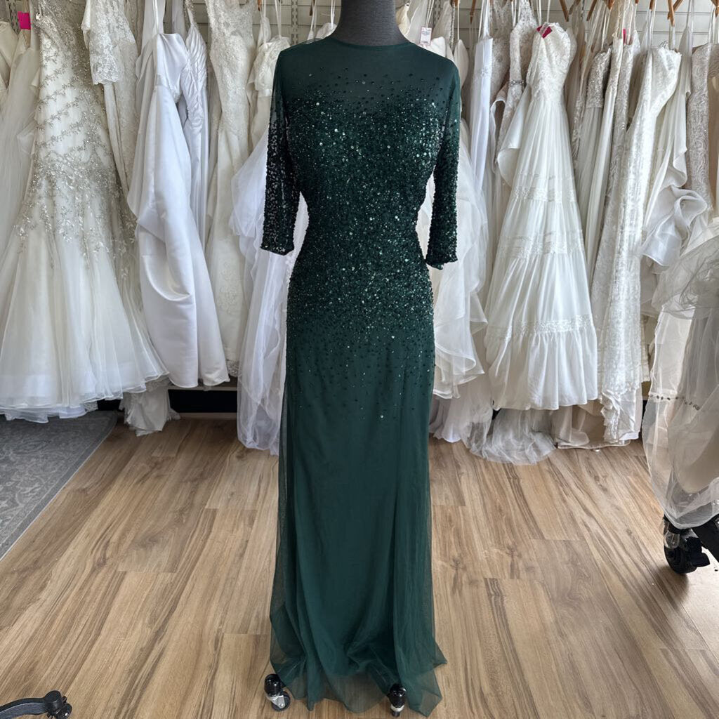 Adrianna Papell Green Sequin Long Sleeve Long Formal Dress 16