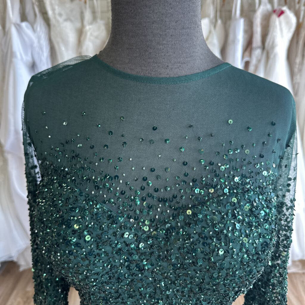 Adrianna Papell Green Sequin Long Sleeve Long Formal Dress 16