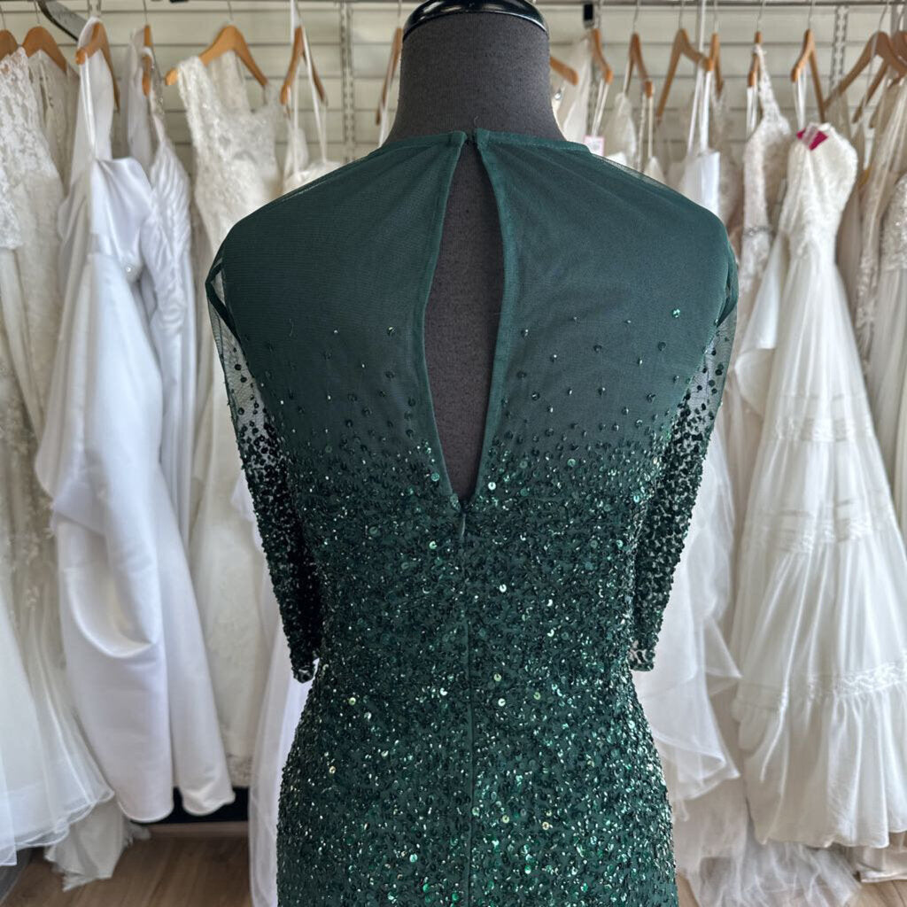 Adrianna Papell Green Sequin Long Sleeve Long Formal Dress 16