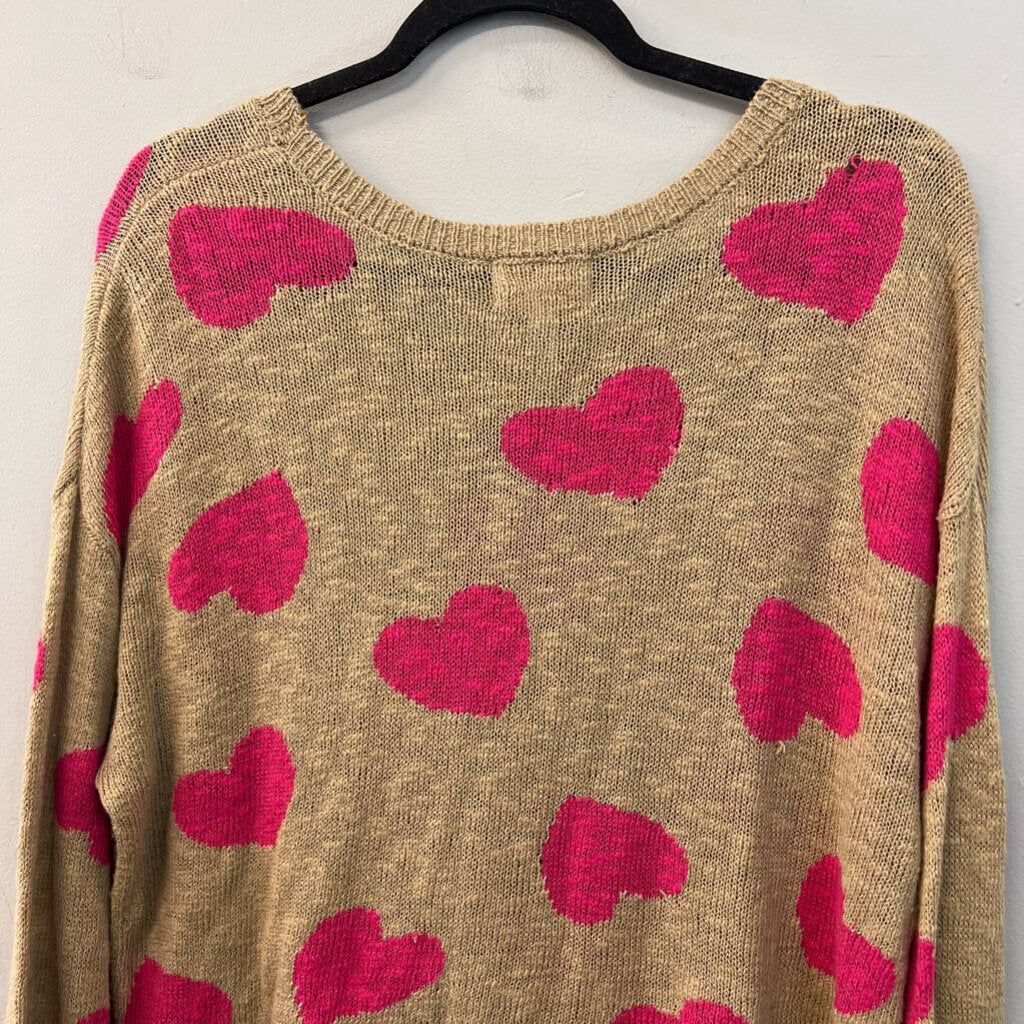 Beach Riot Brown/ Pink Knit Heart Print Sweater Top Small