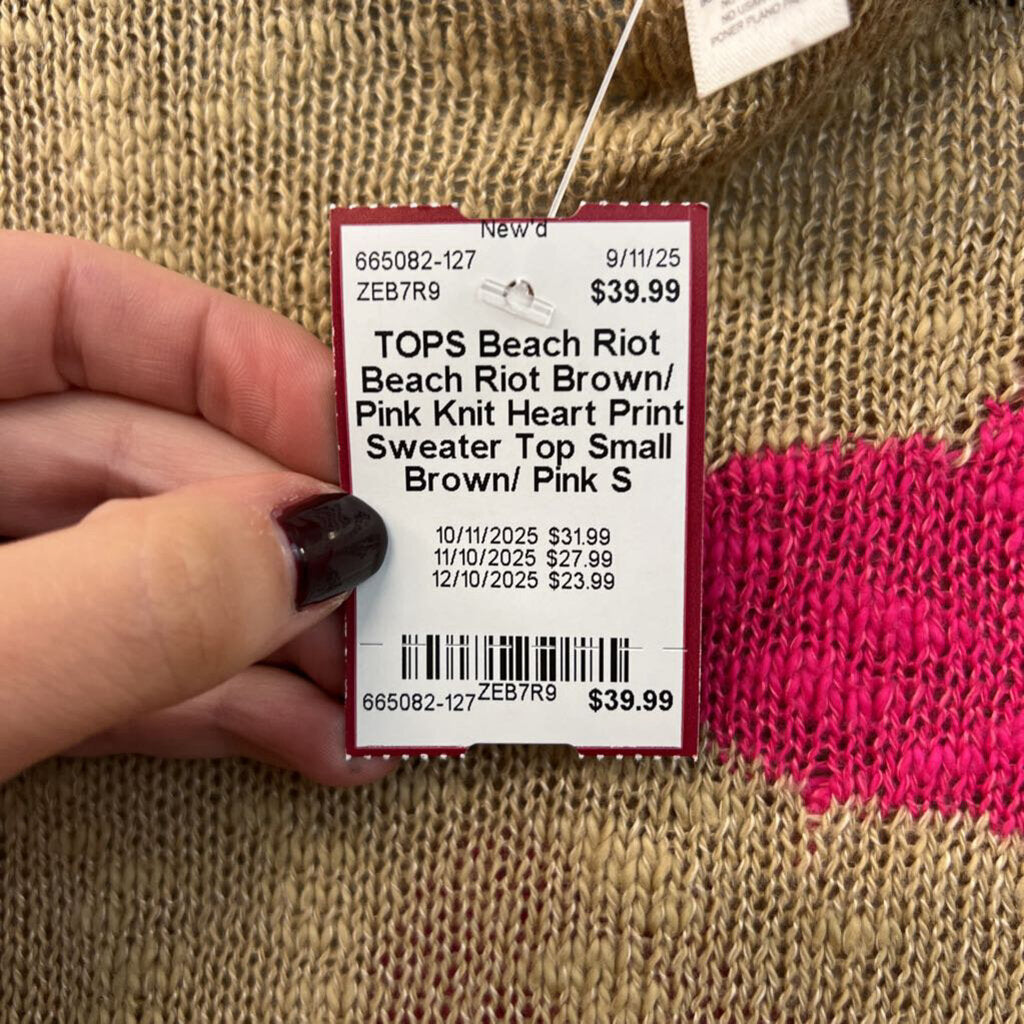 Beach Riot Brown/ Pink Knit Heart Print Sweater Top Small