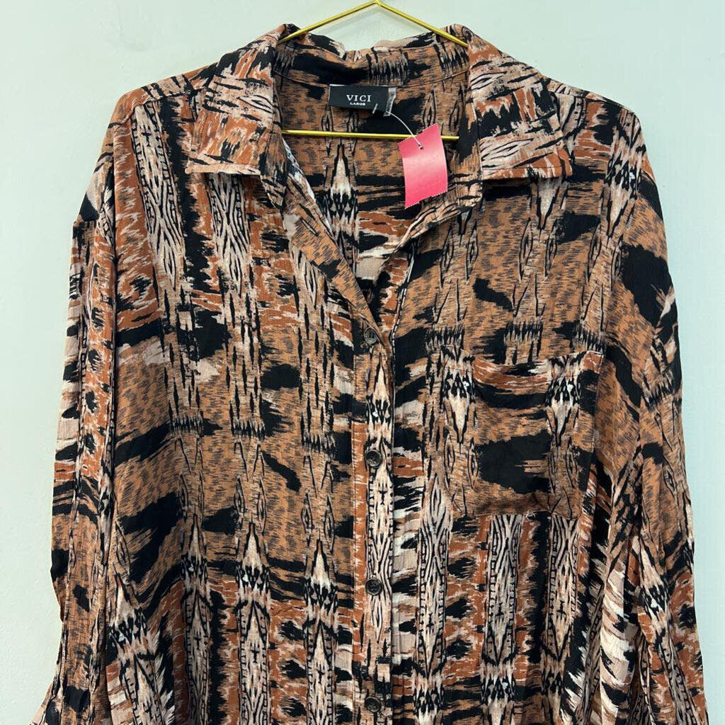 Vici Brown/ Black Print Long Sleeve Button Down Top Large