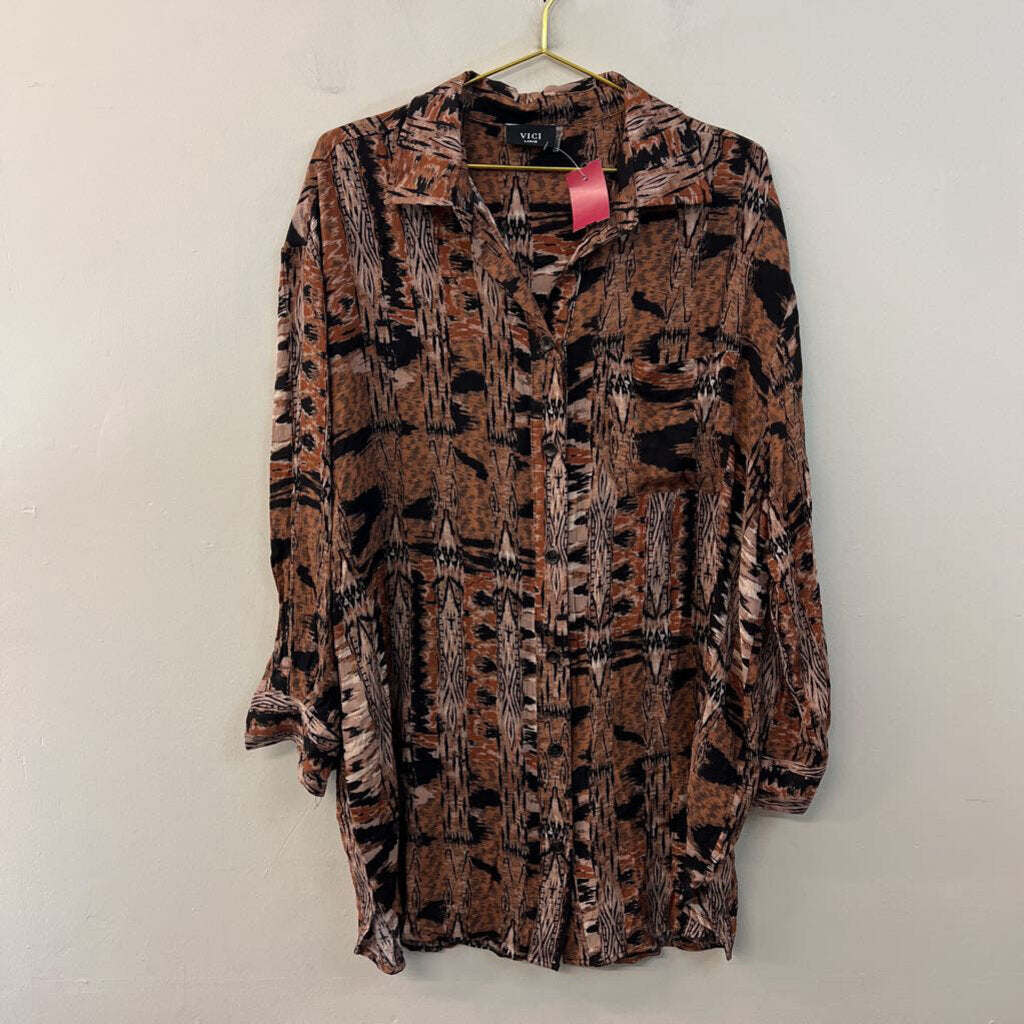 Vici Brown/ Black Print Long Sleeve Button Down Top Large