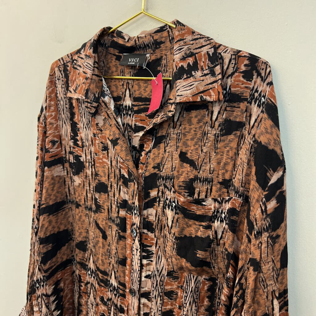 Vici Brown/ Black Print Long Sleeve Button Down Top Large