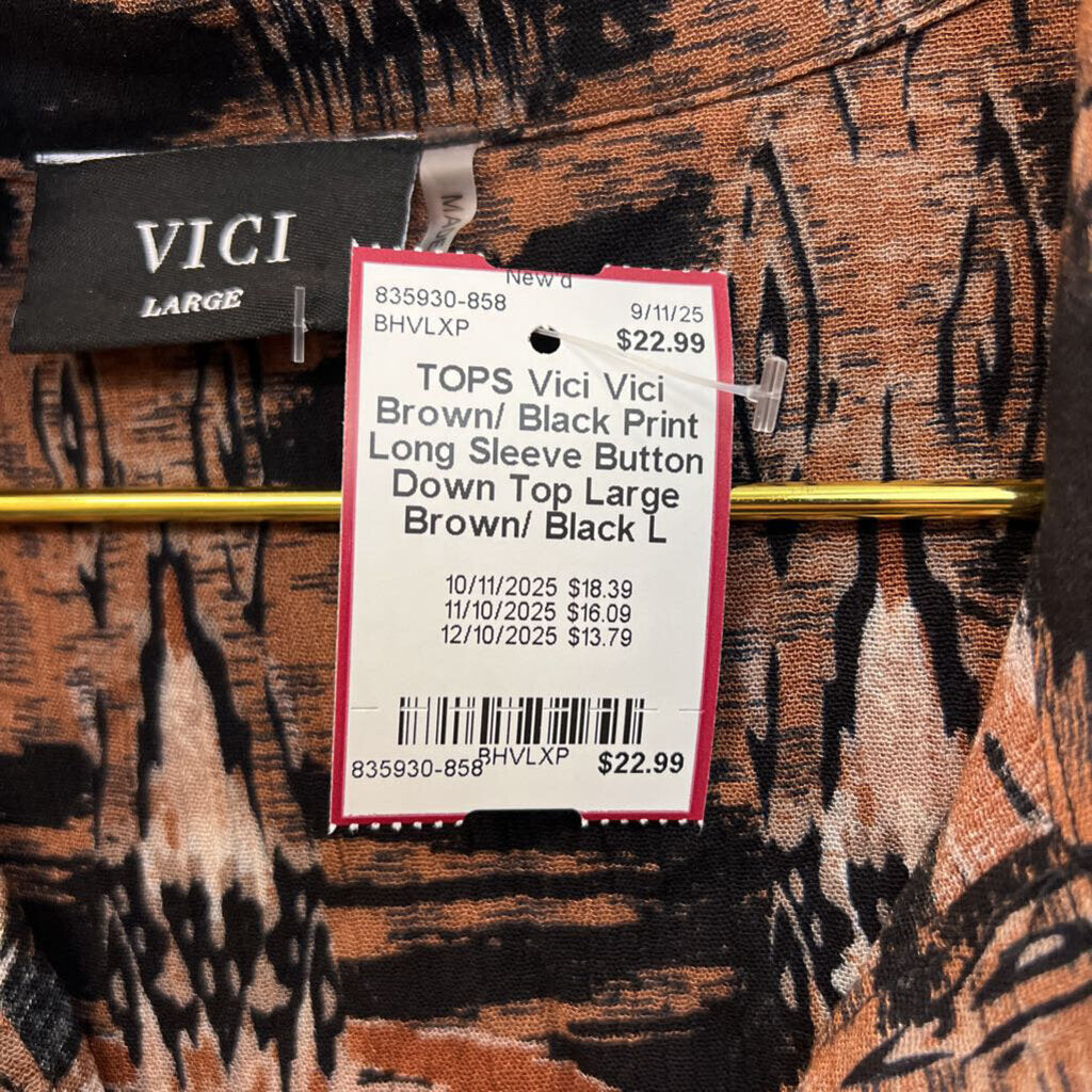 Vici Brown/ Black Print Long Sleeve Button Down Top Large
