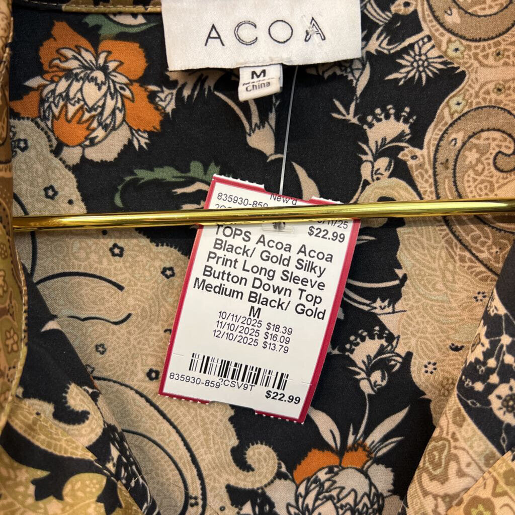 Acoa Black/ Gold Silky Print Long Sleeve Button Down Top Medium