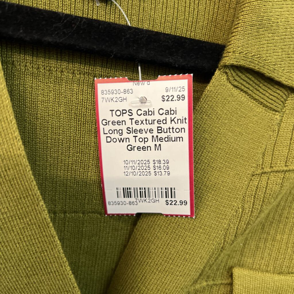 Cabi Green Textured Knit Long Sleeve Button Down Top Medium