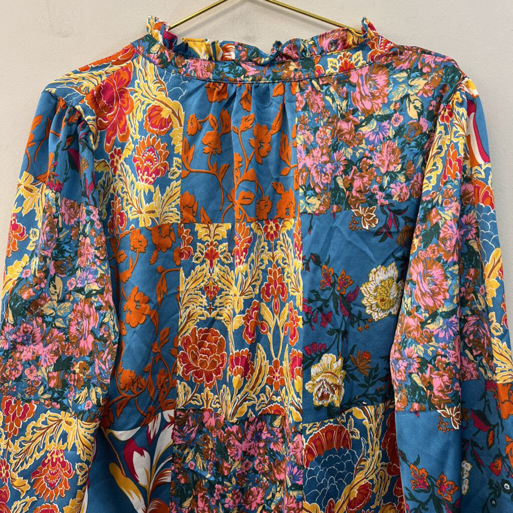 Fate Blue/ Multi Silky Print Long Sleeve Top Extra Large
