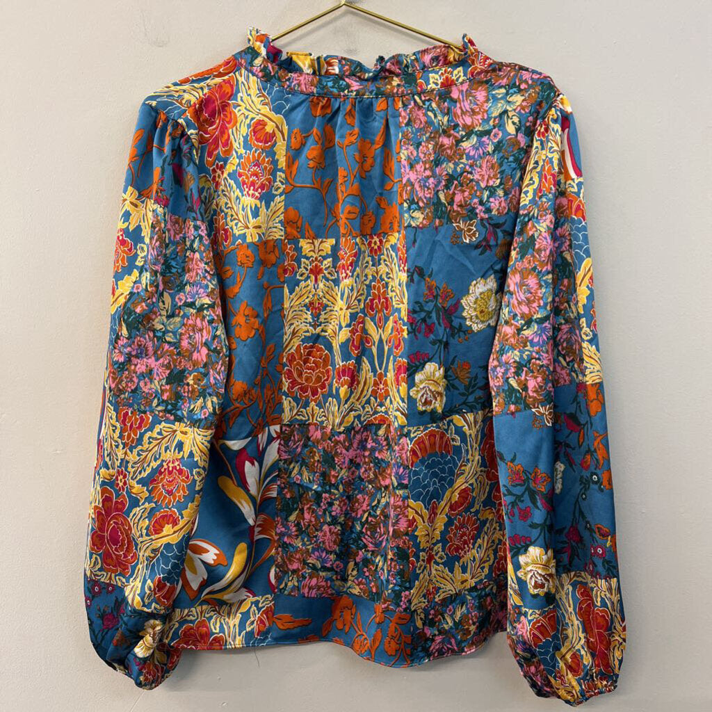 Fate Blue/ Multi Silky Print Long Sleeve Top Extra Large