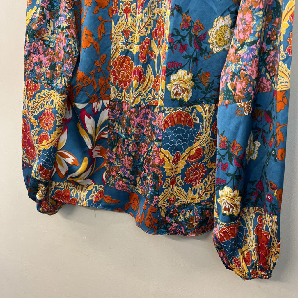 Fate Blue/ Multi Silky Print Long Sleeve Top Extra Large