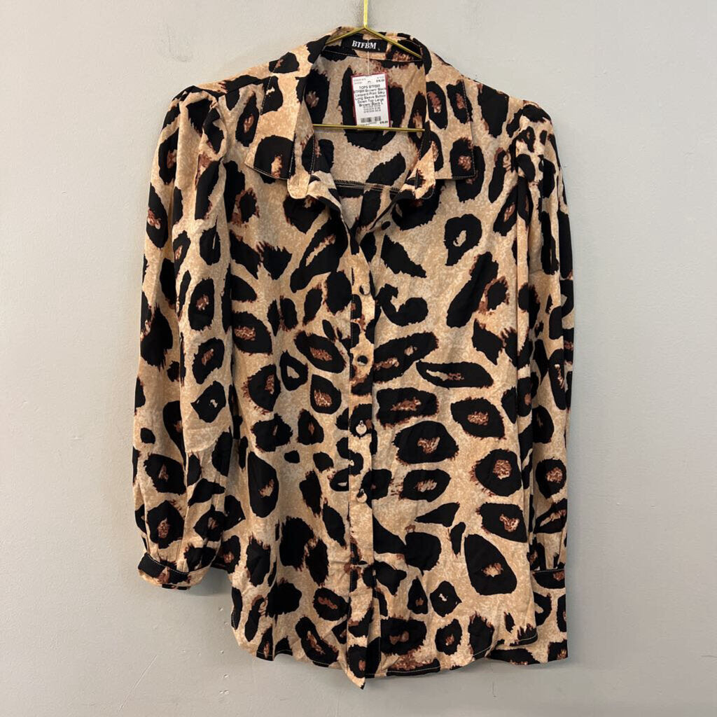 BTFBM Brown/ Black Leopard Print Silky Long Sleeve Button Down Top Large