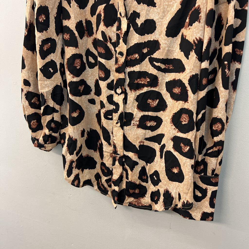 BTFBM Brown/ Black Leopard Print Silky Long Sleeve Button Down Top Large