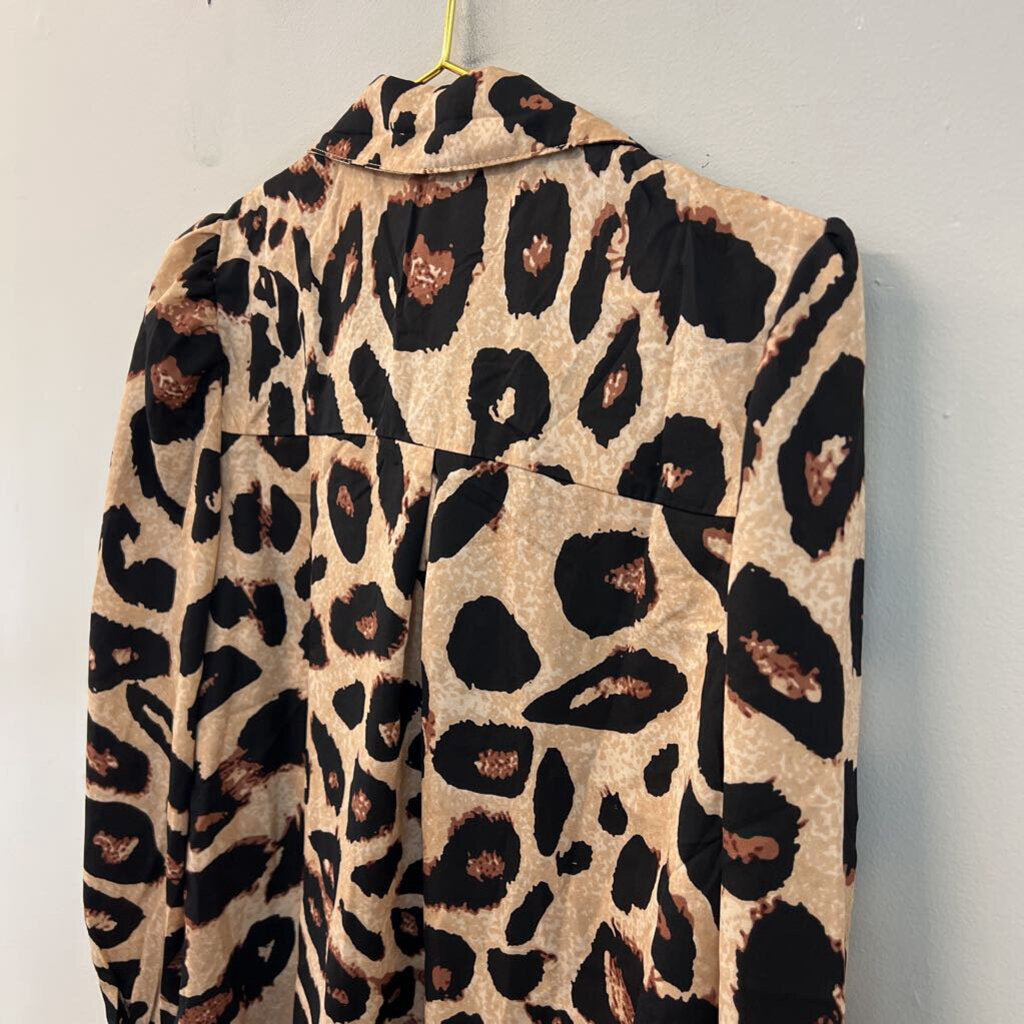 BTFBM Brown/ Black Leopard Print Silky Long Sleeve Button Down Top Large