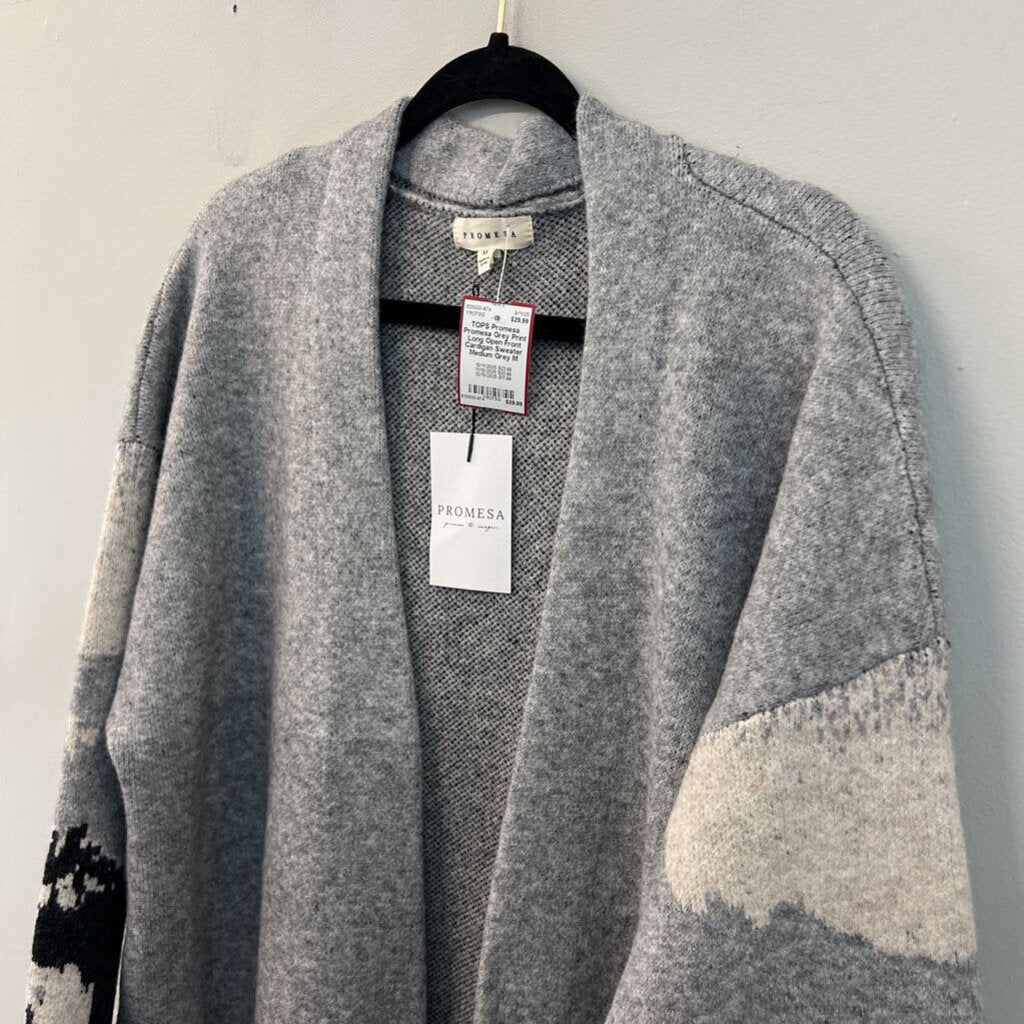 Promesa Grey Print Long Open Front Cardigan Sweater Medium