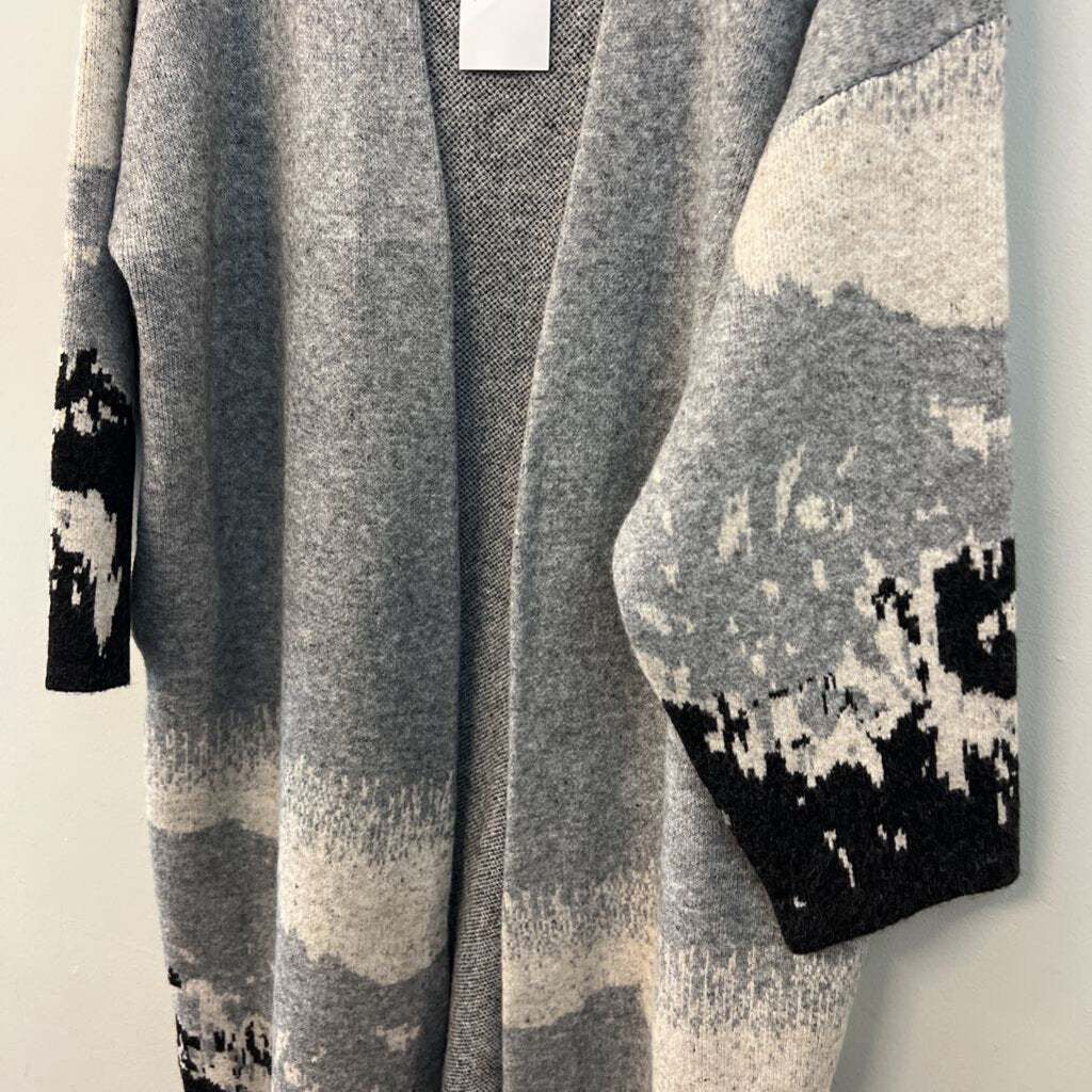 Promesa Grey Print Long Open Front Cardigan Sweater Medium