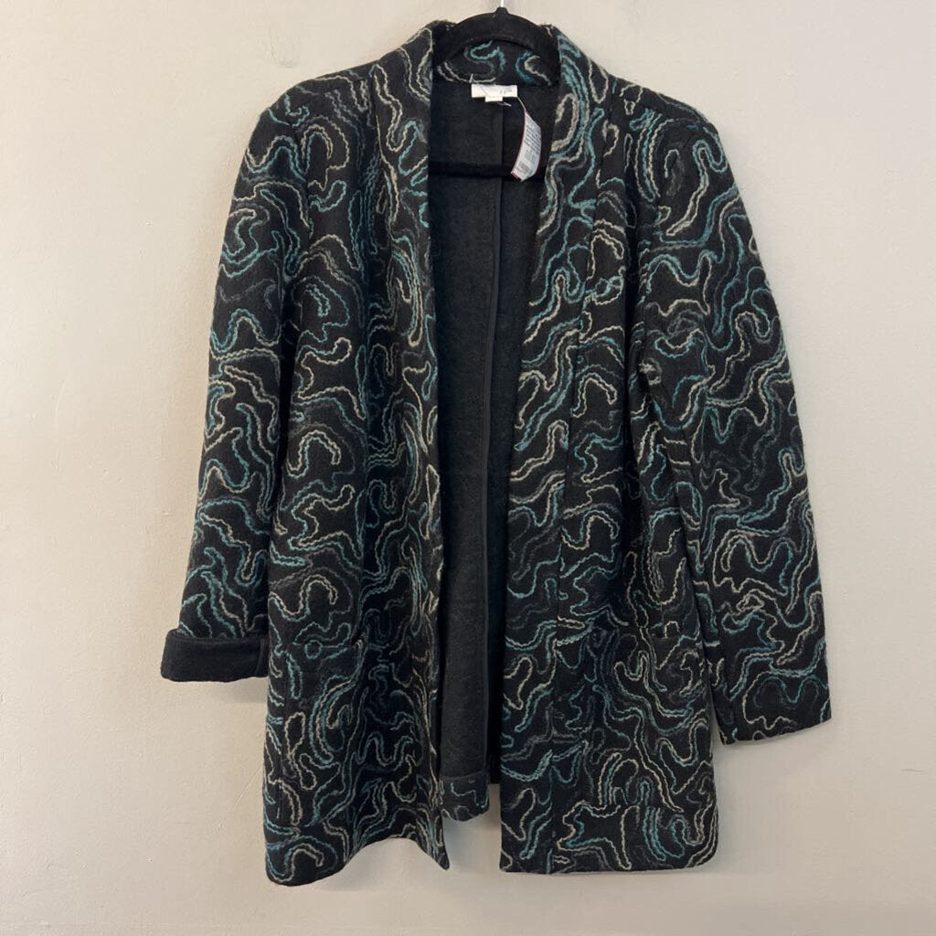 J Jill Black/ Blue/ Grey Embroidered Print Open Front Jacket Medium