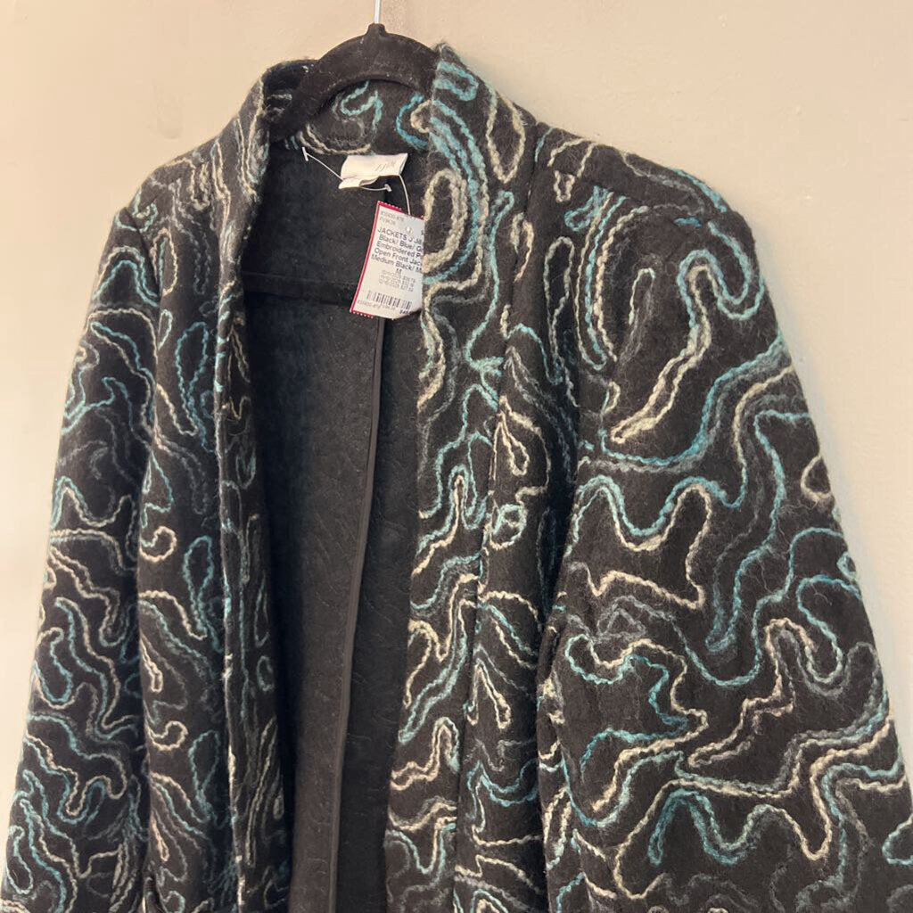 J Jill Black/ Blue/ Grey Embroidered Print Open Front Jacket Medium