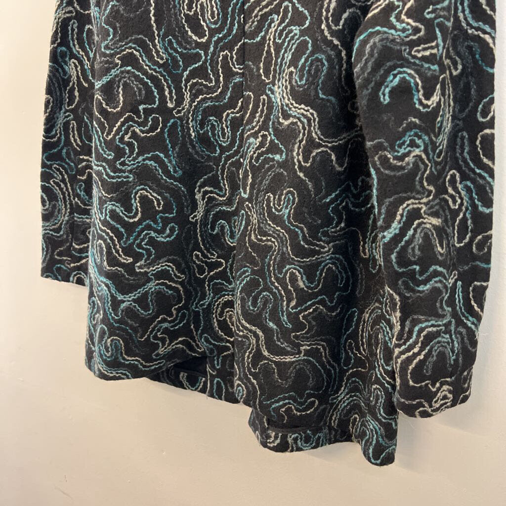 J Jill Black/ Blue/ Grey Embroidered Print Open Front Jacket Medium