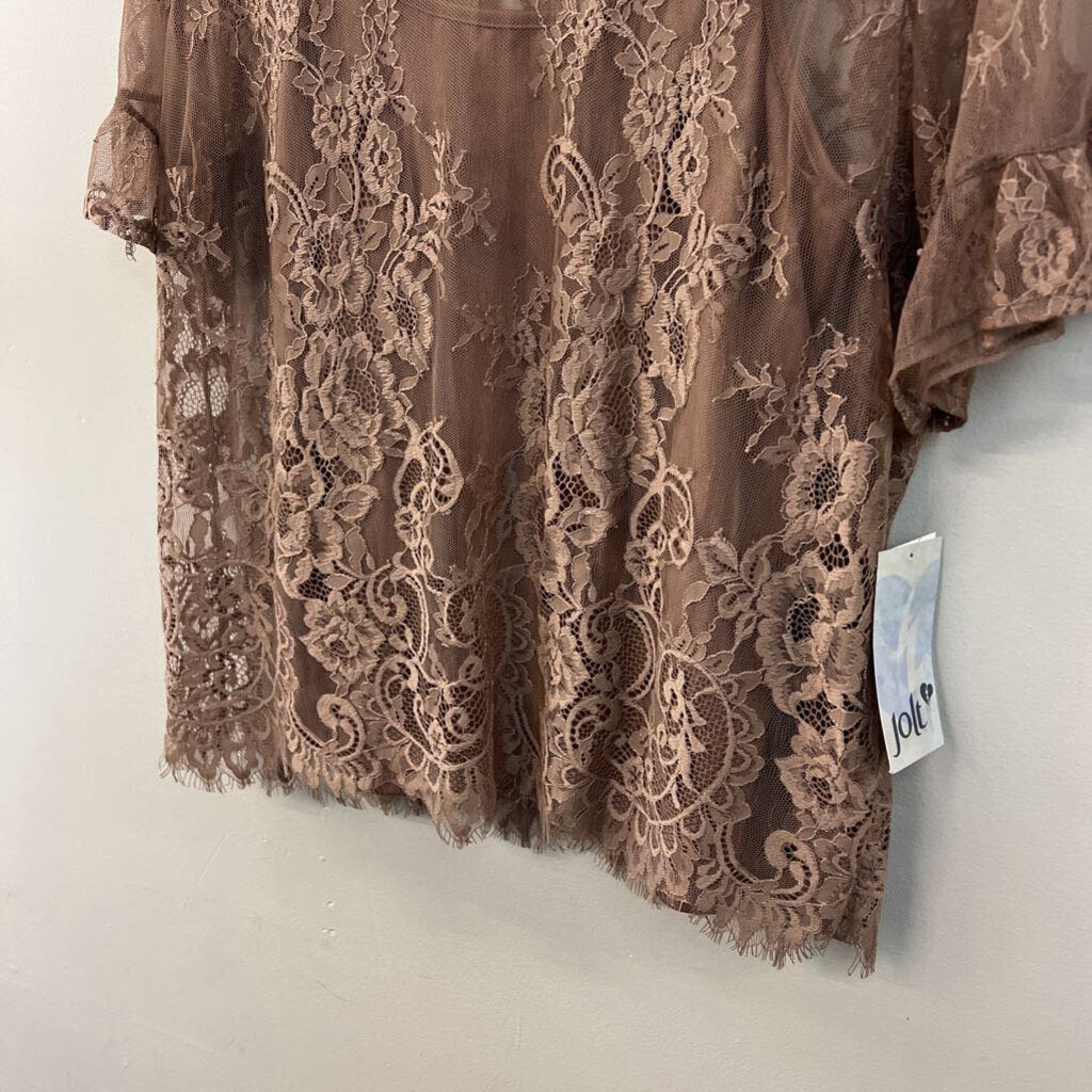 Jolt Brown Lace Short Sleeve Top Extra Large