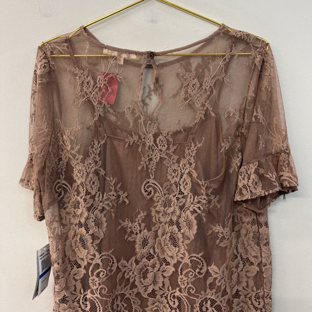 Jolt Brown Lace Short Sleeve Top Extra Large