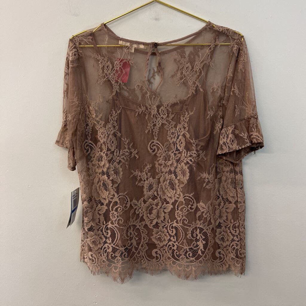Jolt Brown Lace Short Sleeve Top Extra Large